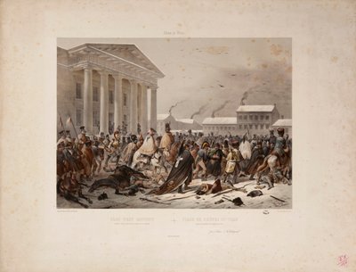 Ejército francés en retirada en la Plaza del Ayuntamiento de Vilna, grabado por Victor Adam y Louis Pierre Alphonse Bichebois, 1812 de F. Daniel