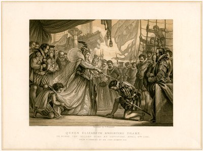 La reina Isabel nombrando caballero a Drake a bordo del Golden Hind, 4 de abril de 1581, siglo XIX de F Fraenkel