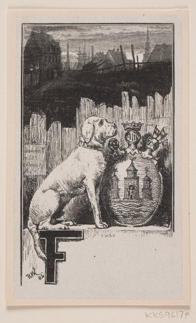 Vignette Inicial."F" con un perro y el escudo de armas de Copenhague de F. Hendriksen