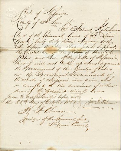 Juramento de lealtad de Frederick Kretschmar, Estado de Missouri, Condado de St. Louis de F. Kretschmar