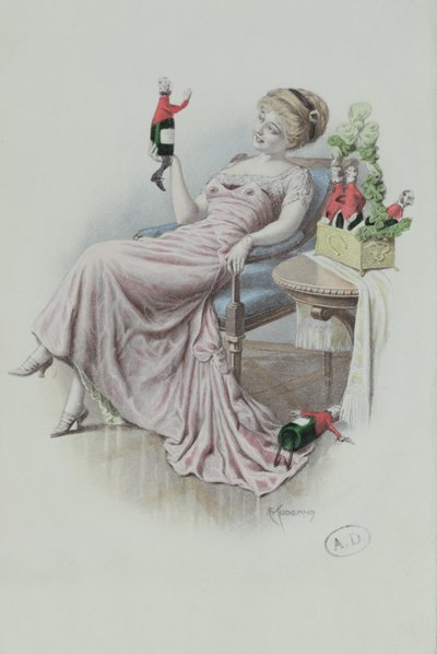 Tarjeta postal que representa a una mujer con botellas de champán en forma de hombres, c.1900 (litografía en color) de F. Kuderna