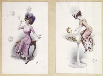 Tarjetas postales que representan a una mujer soplando burbujas y pescando en una copa de champán, c.1900 (litografía en color) de F. Kuderna