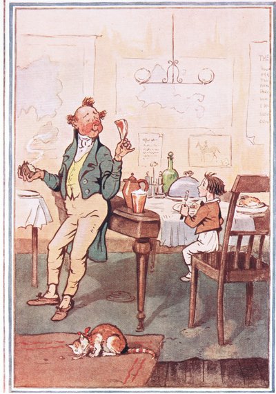 Tomó una chuleta por el hueso en una mano y una papa en la otra, ilustración de David Copperfield, 1914 de F. M. B. Blaikie