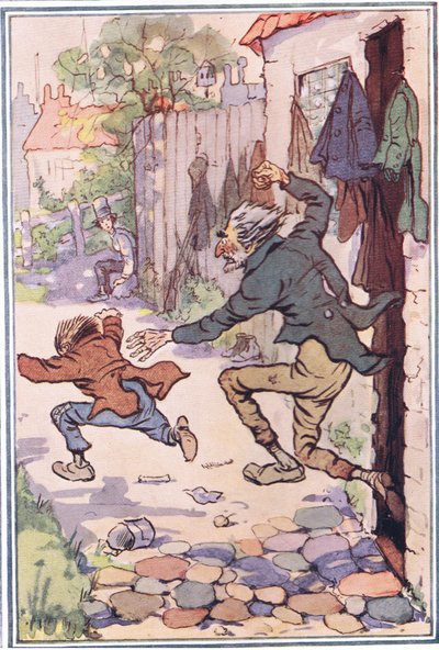 Salió corriendo de la tienda tras ellos y los hizo volar, ilustración de David Copperfield, 1914 de F. M. B. Blaikie