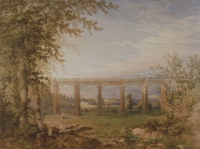 Un viaducto ferroviario de ladrillo y madera con tren de vapor, 1849 de F. S. Cook