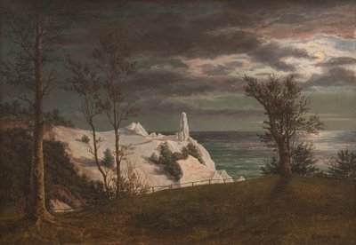 La "Aguja de Verano" en los acantilados de tiza de la isla de Møn. Luz de luna de F. Sødring