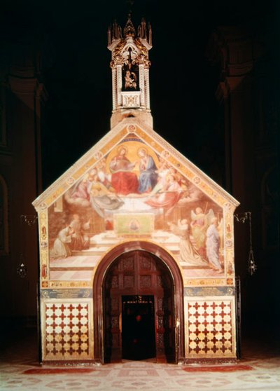 Exterior de la Capilla Porziuncola con un fresco que muestra a San Francisco recibiendo el Perdón de Asís (por Friedrich Overbeck), 1829; Interior de Santa Maria degli Angeli (reconstruido por Luigi) de F and Poletti Overbeck