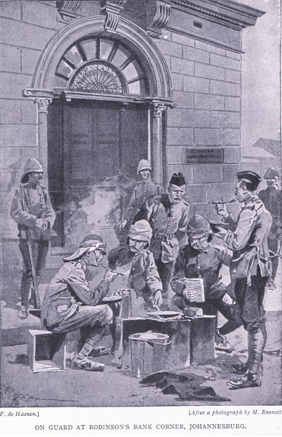 De guardia en la esquina del Banco de Robinson, Johannesburgo, de Después de Pretoria: La Guerra de Guerrillas publicado por Harmsworth Bros Limited de F. de Haemen
