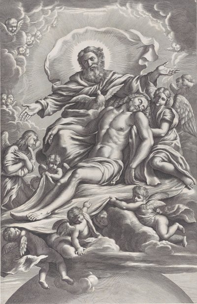 La Santísima Trinidad, con Cristo muerto en el centro rodeado de ángeles, Dios el Padre, ..., 1650-90 de F. de Louvement