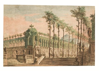 Una escenografía de un jardín de palacio (pluma y tinta marrón, acuarela) de Fabrizio Galliari