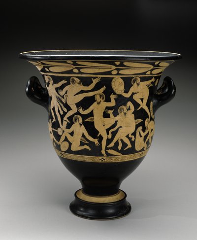 Crátera de campana de figuras blancas con sátiros danzantes, 400-351 a.C. (terracota) de Faliscan