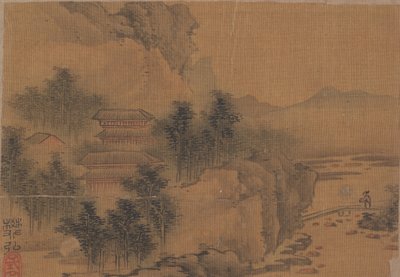Paisaje con hombre cruzando un puente de Fan Hong