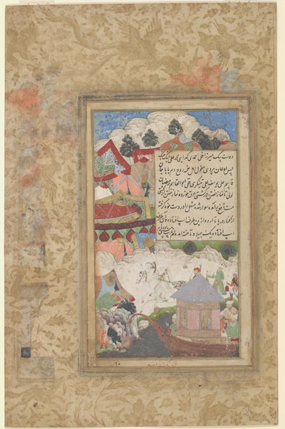 Un Babur borracho regresa al campamento por la noche, c.1589 (acuarela opaca y oro sobre papel) de Farrukh Beg