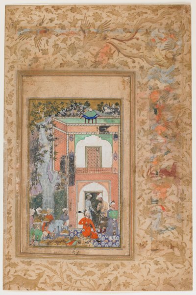 Babur entretiene en el palacio de Sultan Ibrahim Lodi del Baburnama de Farrukh Beg