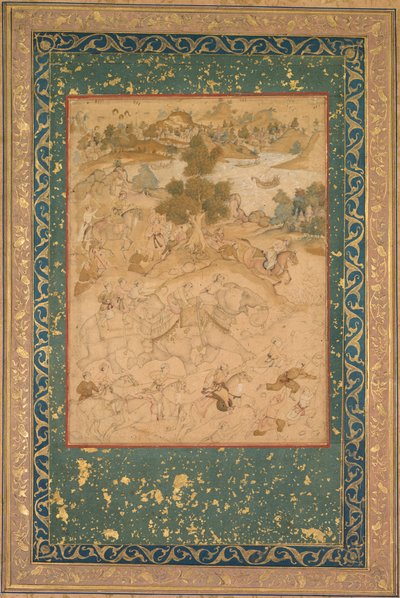 Akbar supervisando la captura de elefantes salvajes en Malwa en 1564, pintura 90..., c. 1602-3 de Farukh Chela