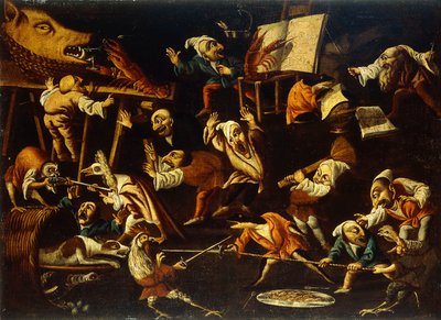 Animales imaginarios y enanos luchando, bebiendo y festejando de Faustino Bocchi or Boccasi