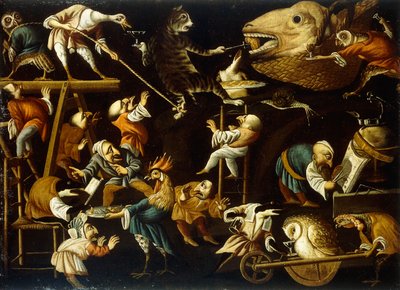 Animales imaginarios y enanos peleando, bebiendo y festejando de Faustino Bocchi or Boccasi