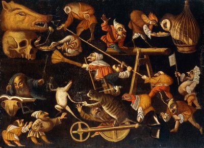 Animales imaginarios y enanos peleando, bebiendo y festejando de Faustino Bocchi or Boccasi