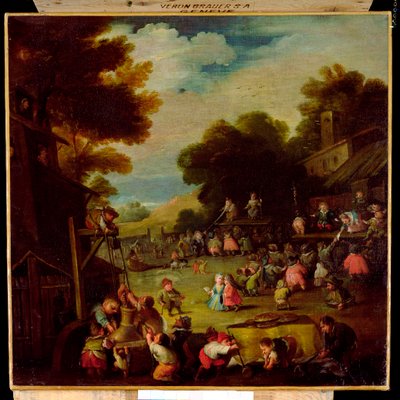 Pigmeos en una feria, sacando agua de un pozo en primer plano y viendo representaciones teatrales al fondo de Faustino Bocchi or Boccasi