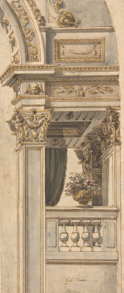 Diseño para parte de una elevación de pared con un balcón flanqueando un arco de Faustino Trebbi
