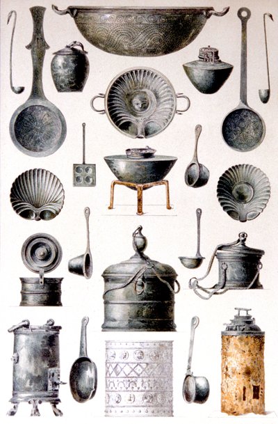 Reproducción de utensilios de cocina, de Las casas y los monumentos de Pompeya, de Fausto y Felice Niccolini, volumen IV, suplemento, lámina XVII de Fausto and Niccolini Felice Niccolini
