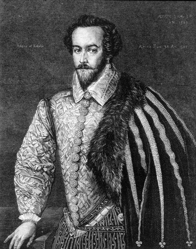Retrato de Sir Walter Raleigh (1554 - 1618), navegante, cortesano y escritor inglés. Grabado después de una pintura atribuida a Federico Zuccaro (o Zuccari) (1549 - 1609) de 1588 de Federico (after) Zuccari or Zuccaro