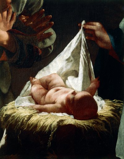 Adoración de los pastores de Federico Bencovich (1677-1753), óleo sobre tabla, 233x166 cm, detalle de Federico Bencovich