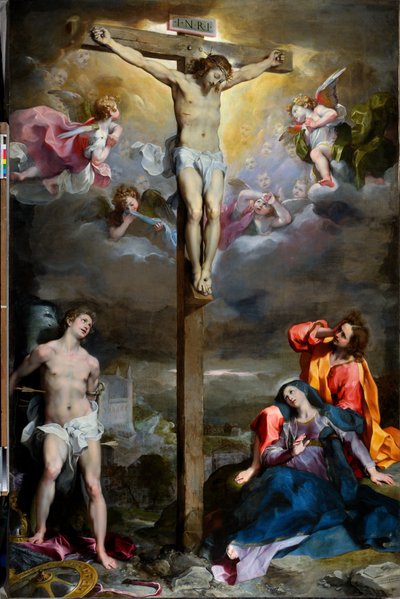 Crucifixión de Cristo con la Virgen, San Juan Evangelista y San Sebastián de Federico Fiori Barocci or Baroccio