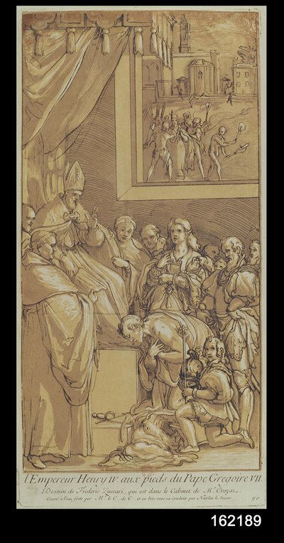 Emperador Enrique IV (1050-1106) a los pies del Papa Gregorio VII (1020-85) grabado por Nicolas Le Sueur (1691-1764) de Federico Zuccari or Zuccaro