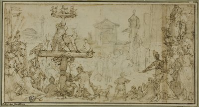 Un Papa recibiendo a un dignatario en un lugar público (recto) Caricaturas de cabezas (verso) de Federico Zuccaro
