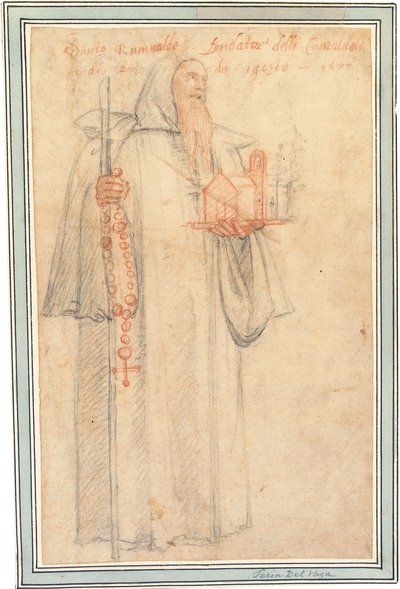 Fra Stefano, procurador de los Camaldulenses en Vallombrosa, como San Romualdo, sosteniendo un modelo de una iglesia y un rosario, 1577 de Federico Zuccaro