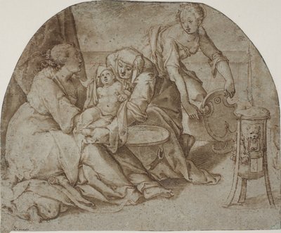 El niño Jesús bañado por María, Ana y una sirvienta de Federico Zuccaro