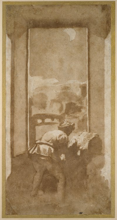 Hombre dibujando a la luz de la luna desde la ventana de una casa de Federico Zuccaro