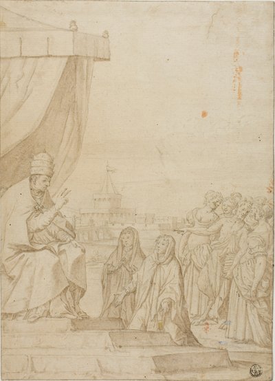 El Papa bendice a dos mujeres en presencia de sátiros y mujeres reunidas con el Castillo de Sant Angelo al fondo de Federico Zuccaro
