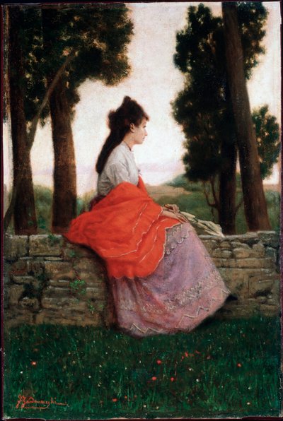 Joven esperando algo, sentada en un pequeño muro de Federigo Zandomeneghi