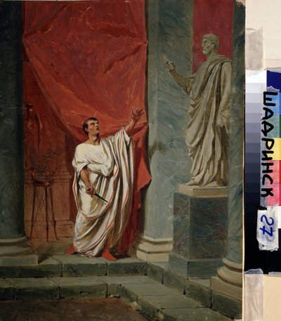 El juramento de Brutus (Marcus Junius Brutus) (85 a. C.-42 a. C.) después del rapto de Lucrecia (Lucrezia, Lucretia, dama romana). Pintura de Feodor Andrejewitsch Bronnikoff (1827-1902). Óleo sobre madera. 0,325 x 0,249 m Schadrinsk, Museo de Fedor Andreevich Bronnikov