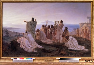 ""El Himno al Sol Naciente de Pitágoras"" Ceremonia ritual en la antigua Grecia inspirada en las teorías pitagóricas relacionadas con la música y las estrellas. Pintura de Feodor Andreyevich Bronnikov (1827-1902) 1869 Estado Galería Tretyakov de Moscú de Fedor Andreevich Bronnikov