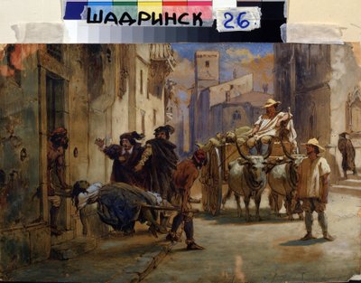Durante una epidemia. Camilleros sacando el cuerpo de una mujer muerta de una casa para ponerlo en un carro con otros cadáveres. Pintura de Feodor Andreyevich Bronnikov (1827-1902). Óleo sobre cartón, 21,8 x 33 cm, Arte ruso de Fedor Andreevich Bronnikov