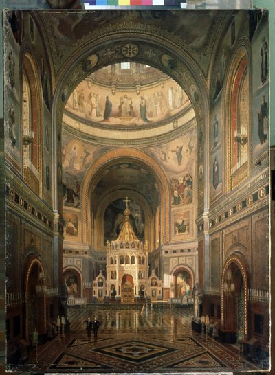 Vista interior de la Catedral de Cristo Salvador en Moscú. (Vista interior de la Catedral de Cristo Salvador de Moscú) - Construida entre 1839 y 1883, por el arquitecto Constantin Thon (Ton) - Descripción de la arquitectura y decoración - Pintura de Fedor Andreevich Klages