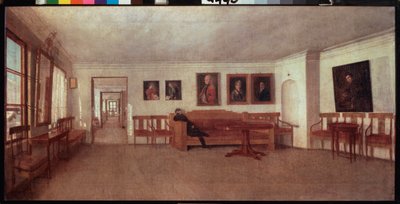 Interior de la casa de A Semensky cerca de Tver (Rusia) - Interior de la Casa de A Semensky cerca de Twer - Pintura de Fyodor Mikhailovich Slavyansky (1819-1876), óleo sobre lienzo - Arte ruso de Fedor Mikhailovich Slavyansky
