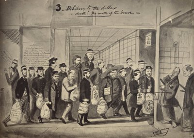 Copia fotográfica de un dibujo de Charles Wirgman con el título, 3 Itchiboos por dólar o Dea de Felice Beato
