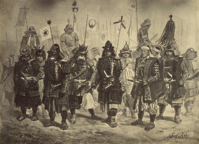 Copia fotográfica de un dibujo de guerreros japoneses por Charles Wirgman de Felice Beato
