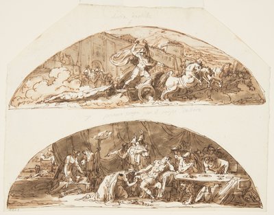 Aquiles arrastra el cuerpo de Héctor alrededor de las murallas de Troya, Príamo suplica por el cuerpo de Héctor, Diseños de techo para la Galleria di Achille, Palazzo Milzetti, Faenza, Italia de Felice Giani