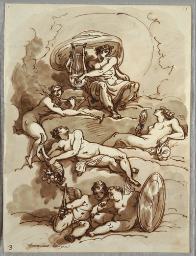 Apolo con lira, Fama, Abundancia, Belleza y dos putti en nubes, Estudio después de Marcantonio Franceschini de Felice Giani