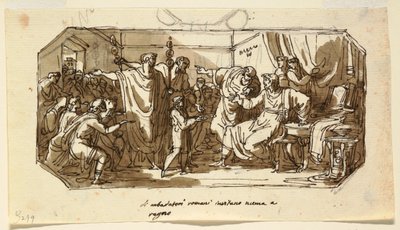 Diseño de techo: El embajador romano pide al sabino Numa Pompilio que reine sobre Roma, Sala di Numa Pompilio, Palazzo Milzetti, Faenza de Felice Giani