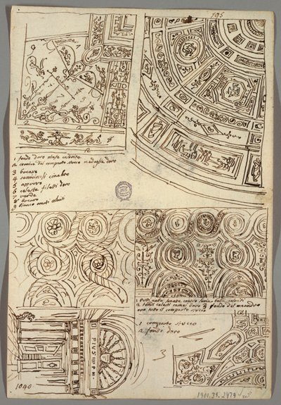 Estudios decorativos para techos; Verso: Cabeza en perfil con casco antiguo de Felice Giani