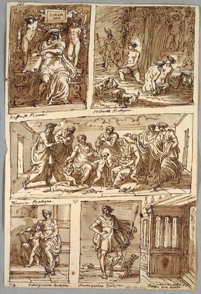Diseño después de pinturas de Rafael y pinturas en Bolonia de Albani, Francia, Parmigianino; Monumento Verso: Estudio anatómico de Felice Giani