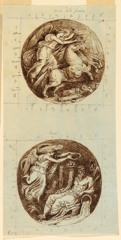 Dibujo, Una victoria alada montada en un carro; Una victoria alada coronando a un dios del río, Reno; dos medallones, ca. 1805 de Felice Giani