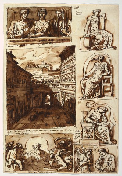 Dibujo, Varias obras de arte.  El patio del Palacio Mattei en Roma, 1812-14 de Felice Giani