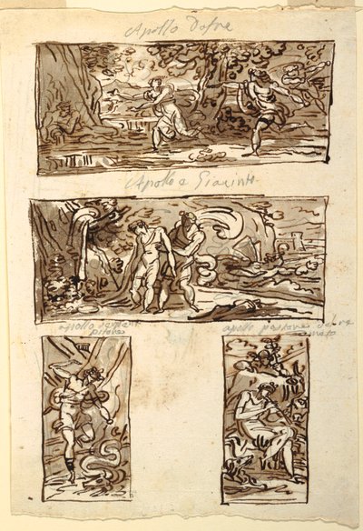 Cuatro dibujos del mito de Apolo; Decoración de una pared sobre una chimenea, Sala de Apolo, Palazzo Cavina, Faenza de Felice Giani